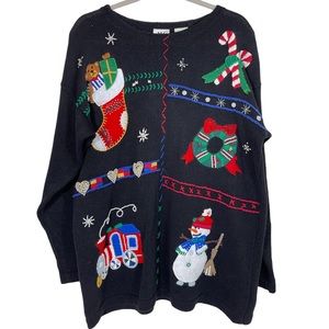 VTG Maggie Lawrence Ugly Christmas Wreath Snowman Knit Embroidery Sweater Size L